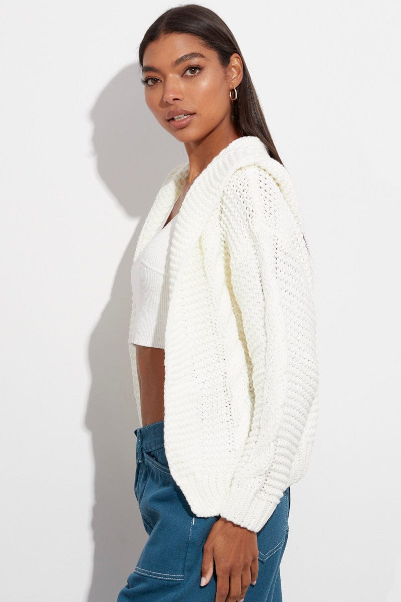 White Hooded Cable Knit Cardigan for Ally Fashion