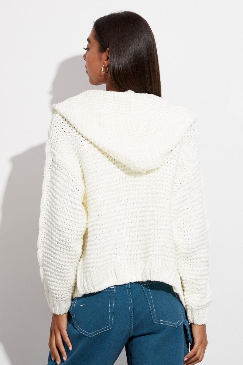 White Hooded Cable Knit Cardigan for Ally Fashion