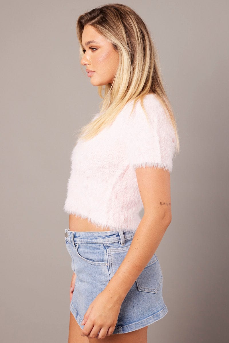 Pink Fluffy Knit Top Short Sleeve Crop for Ally Fashion