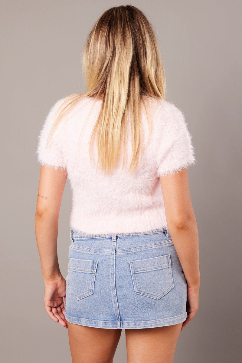 Pink Fluffy Knit Top Short Sleeve Crop for Ally Fashion