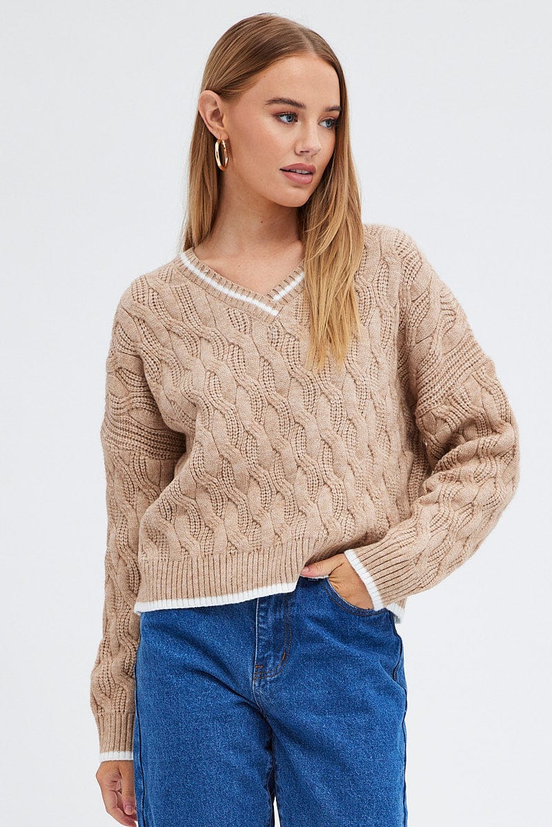 Camel Sweater Long sleeve V neck for Ally Fashion