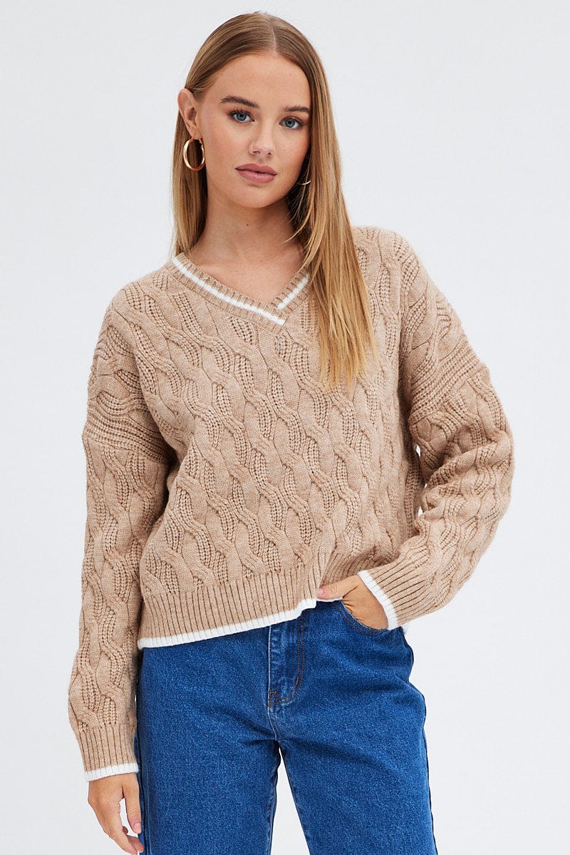 Camel Sweater Long sleeve V neck for Ally Fashion