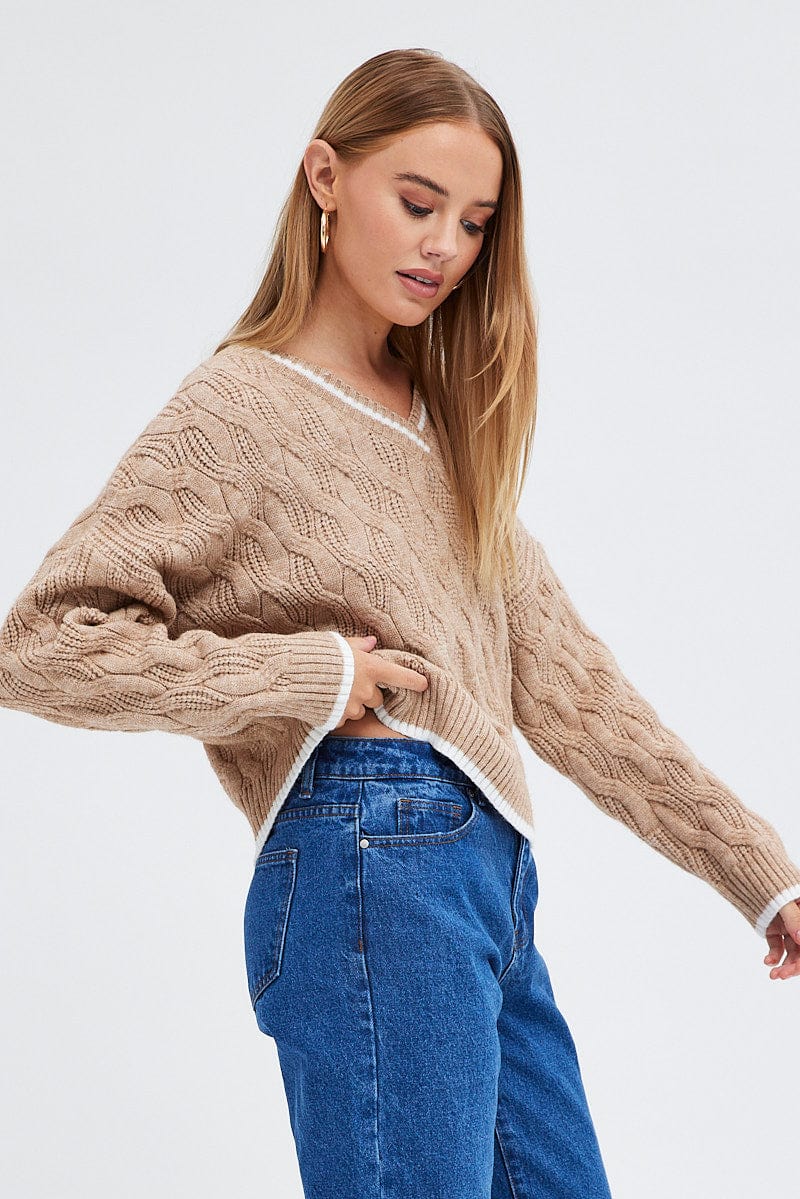 Camel Sweater Long sleeve V neck for Ally Fashion