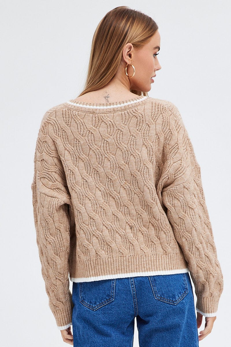 Camel Sweater Long sleeve V neck for Ally Fashion