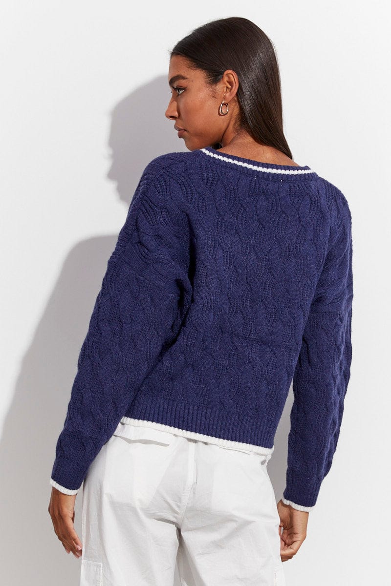 Blue Sweater Long sleeve V neck for Ally Fashion