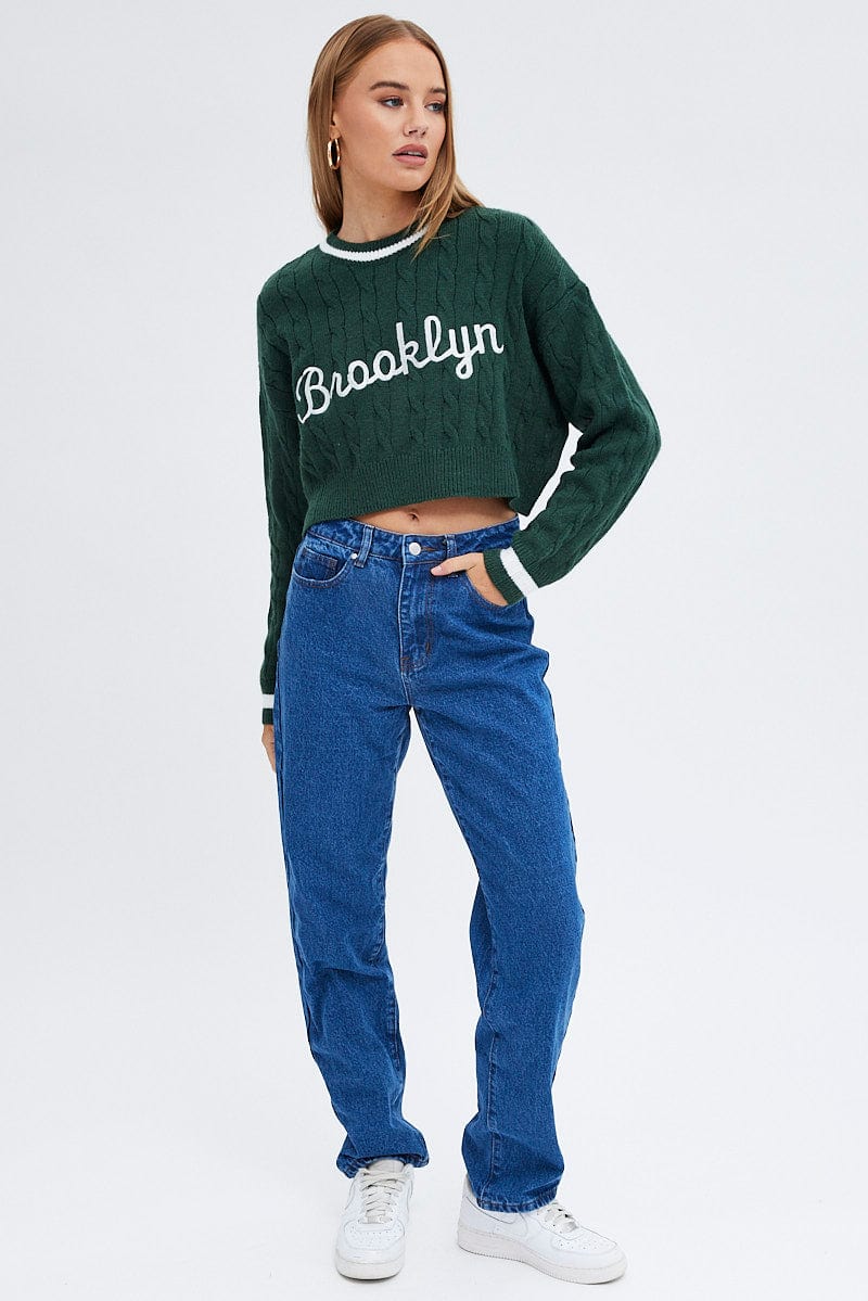 Green Sweater Long sleeve Crew neck for Ally Fashion