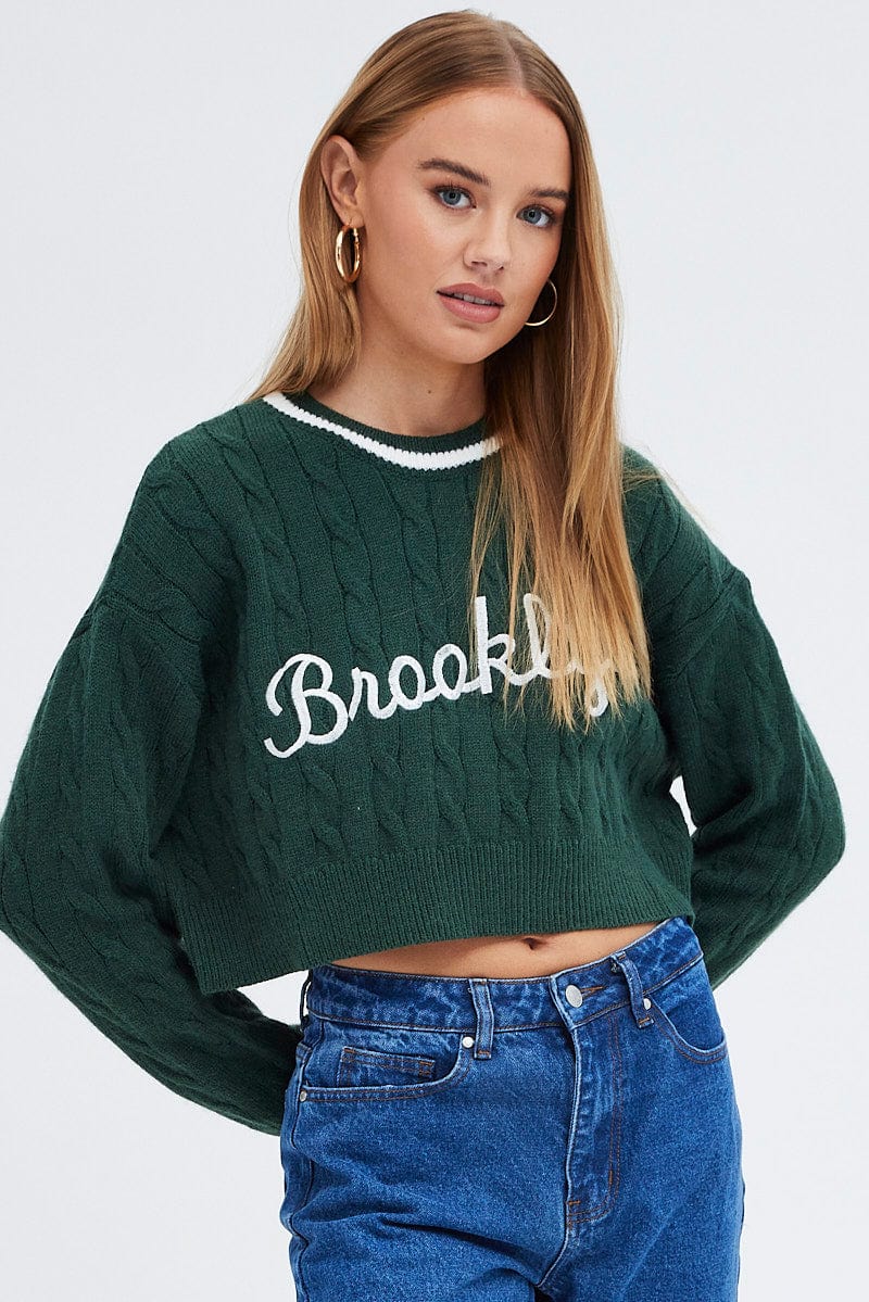 Green Sweater Long sleeve Crew neck for Ally Fashion