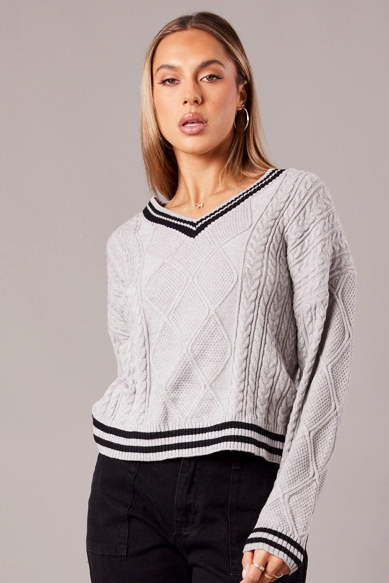 Grey Knit Top Long Sleeve V-Neck Cable for Ally Fashion
