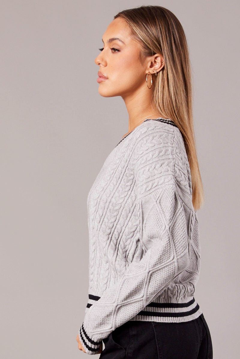 Grey Knit Top Long Sleeve V-Neck Cable for Ally Fashion