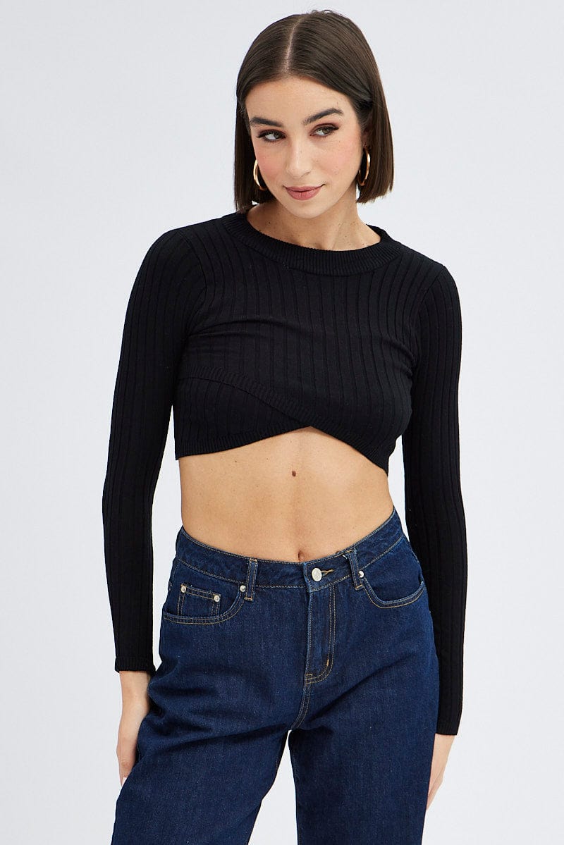 Black Knit Top Long Sleeve Crop for Ally Fashion