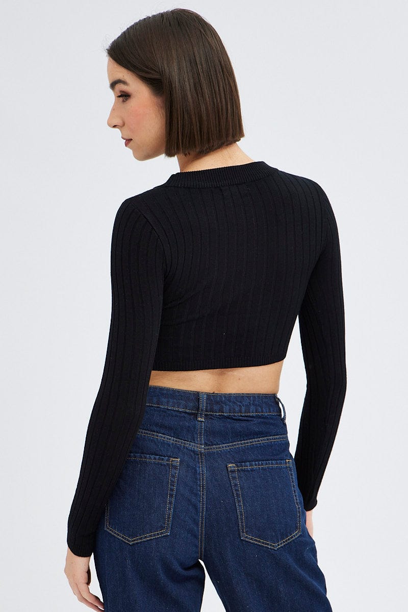 Black Knit Top Long Sleeve Crop for Ally Fashion