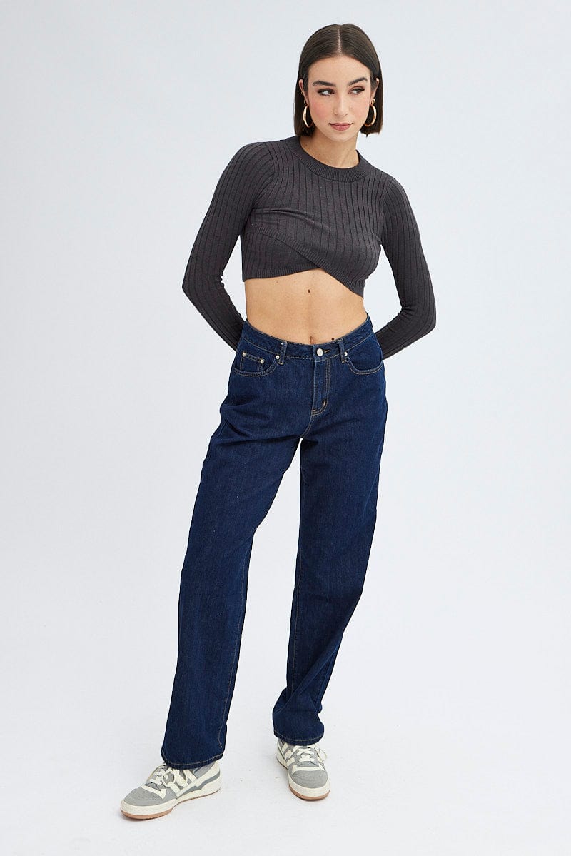 Grey Knit Top Long Sleeve Crop for Ally Fashion