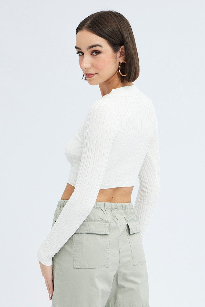 White Knit Top Long Sleeve Crop for Ally Fashion