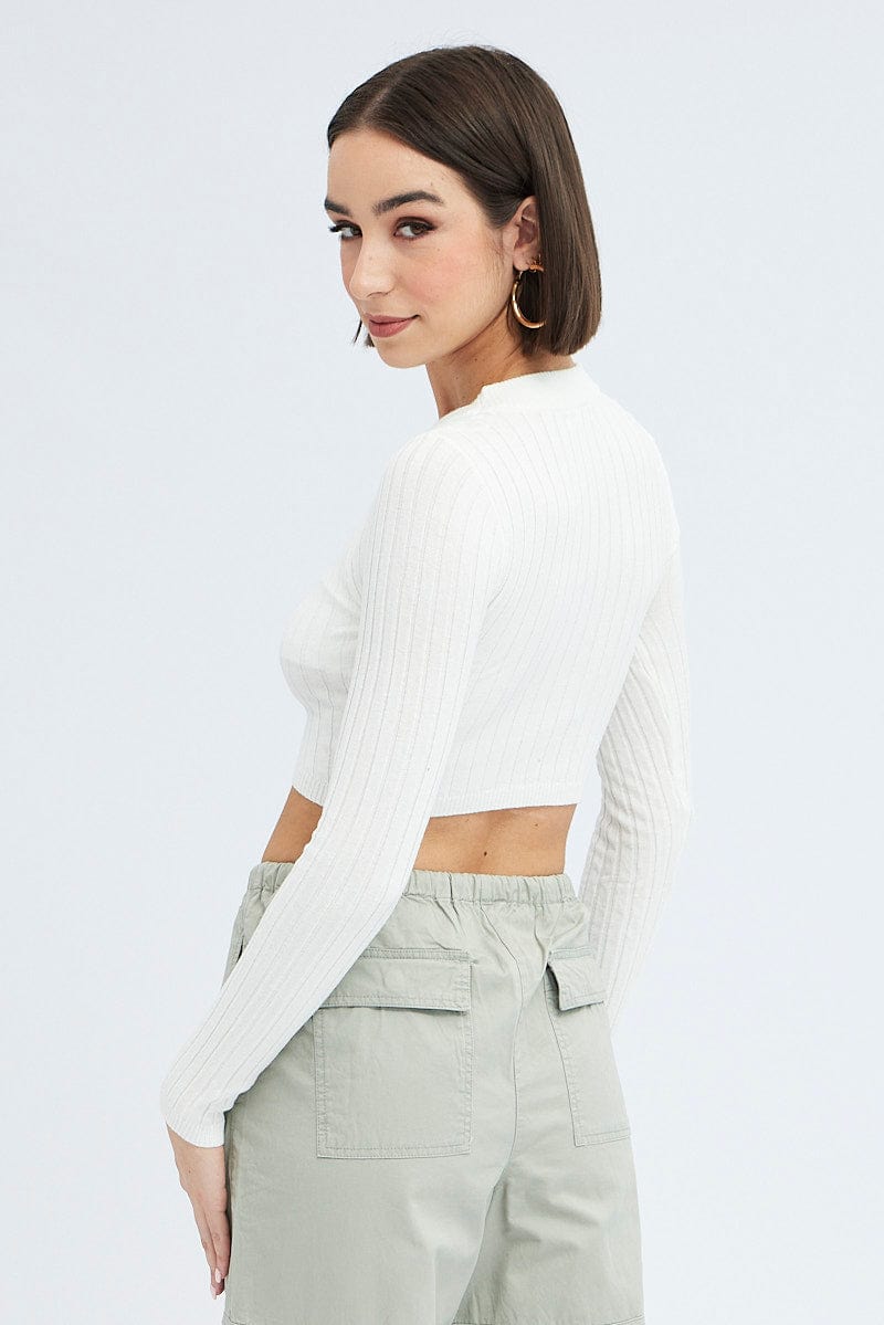 White Knit Top Long Sleeve Crop Ally Fashion - Main Image