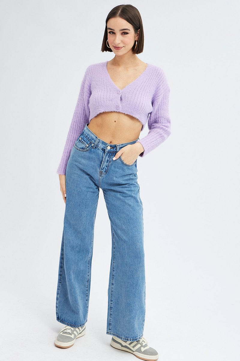 Purple Crop Knit Cardigan V Neck for Ally Fashion