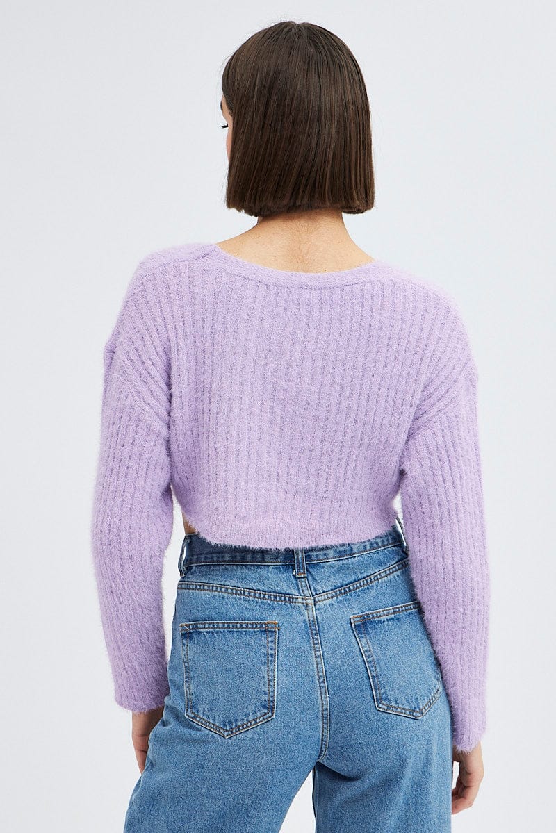 Purple Crop Knit Cardigan V Neck for Ally Fashion