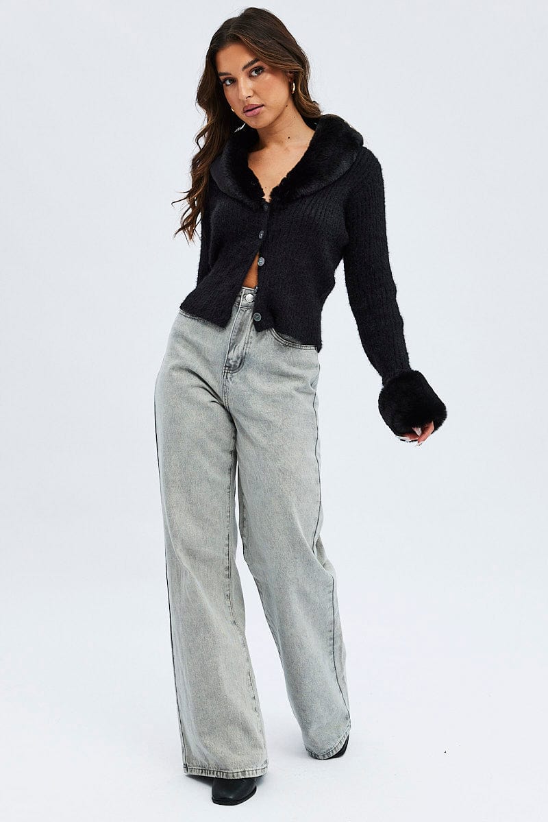 Black Knit Cardigan Fur Trim | Ally Fashion