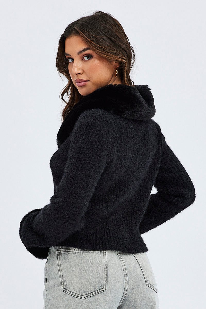 Black Knit Cardigan Fur Trim for Ally Fashion