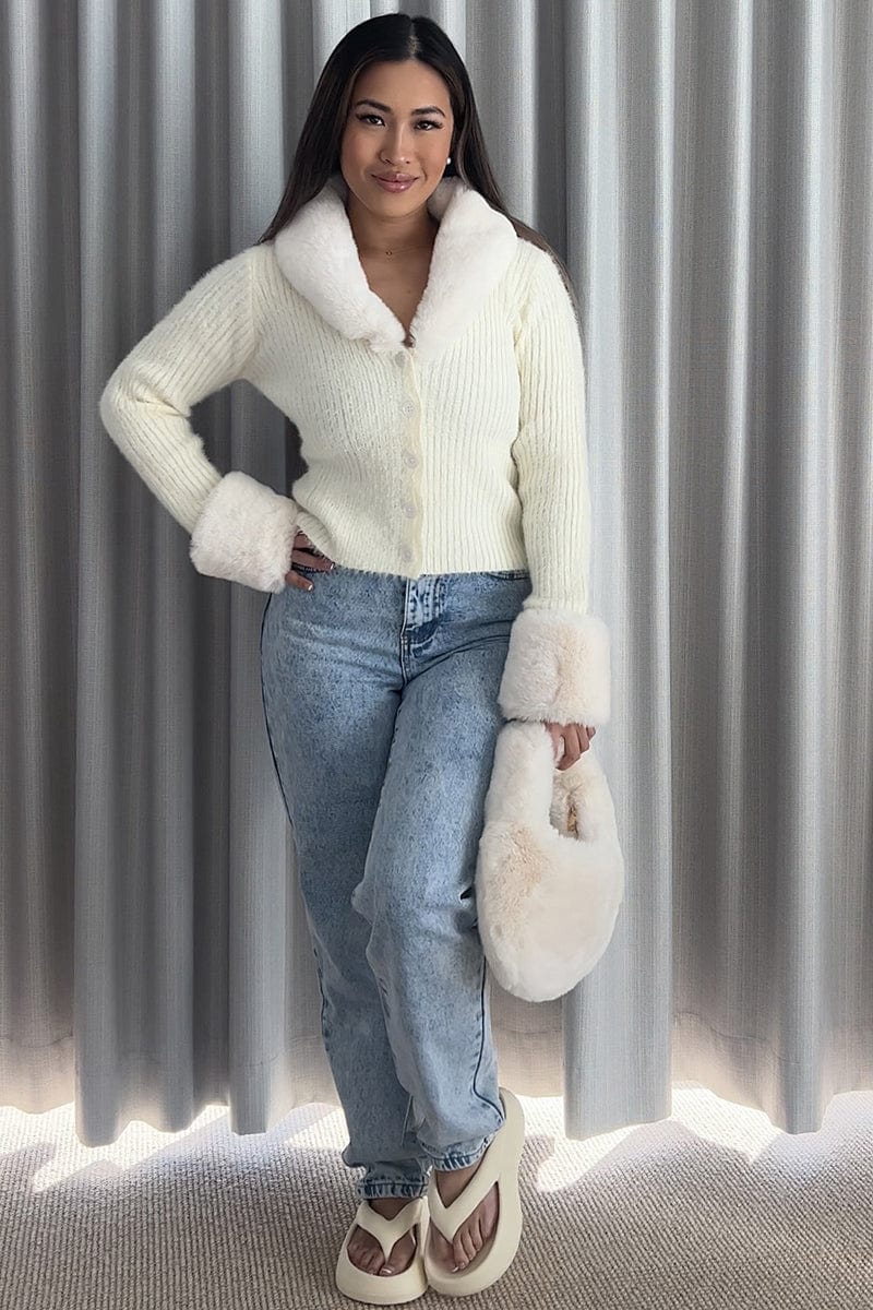 White Knit Cardigan Fur Trim for Ally Fashion