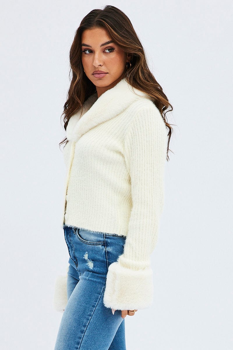 White Knit Cardigan Fur Trim for Ally Fashion