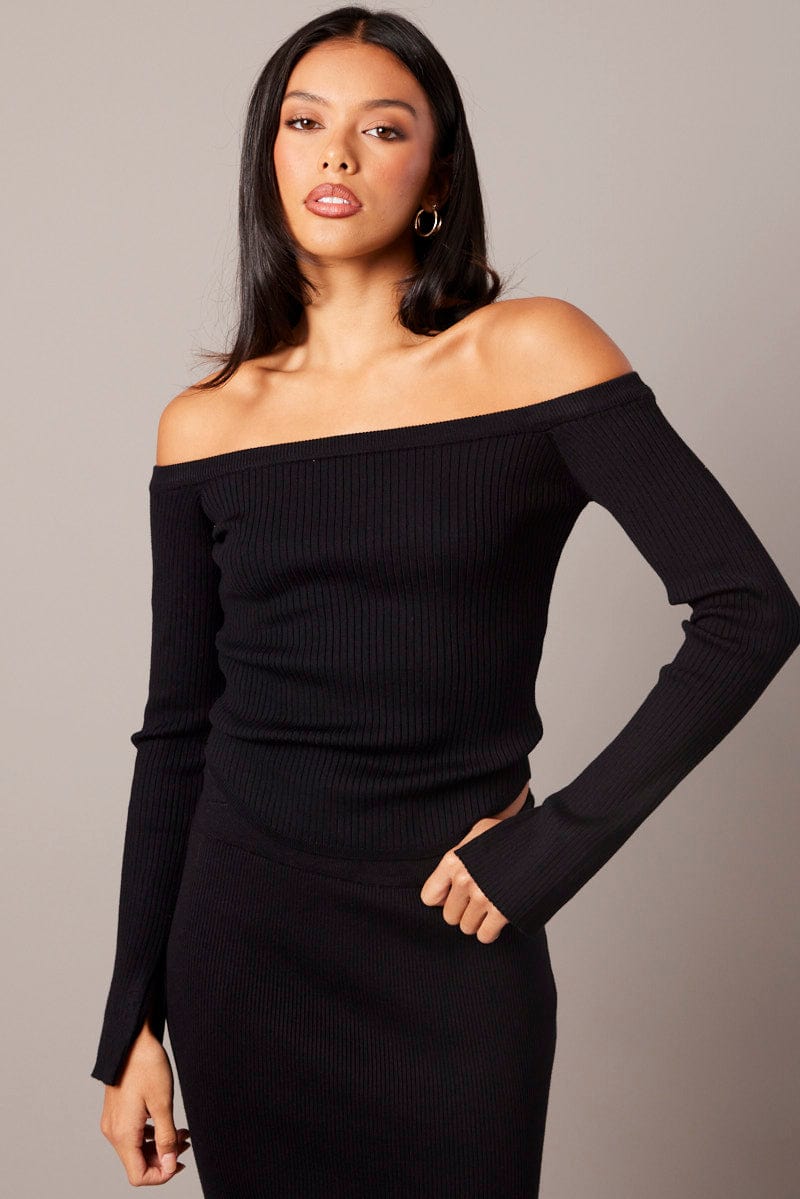 Black Knit Top Long Sleeve Off Shoulder for Ally Fashion