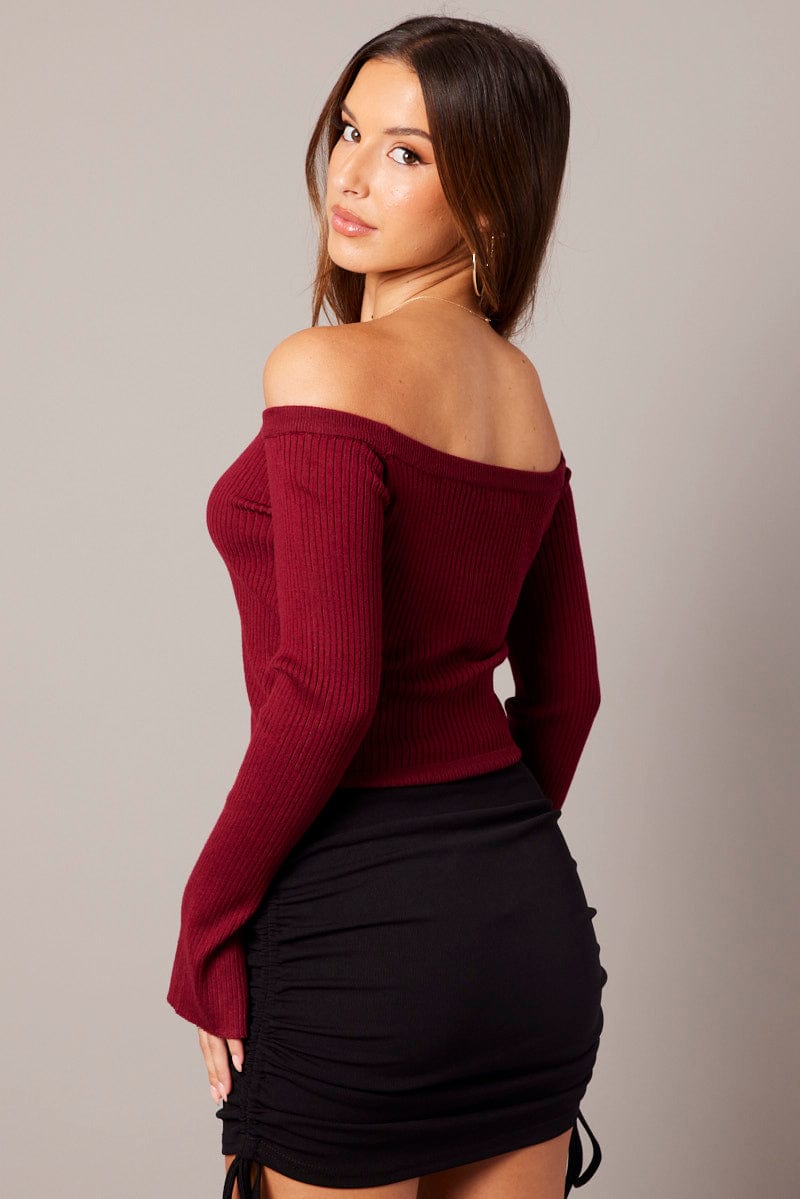 Red Knit Top Long Sleeve Off Shoulder for Ally Fashion