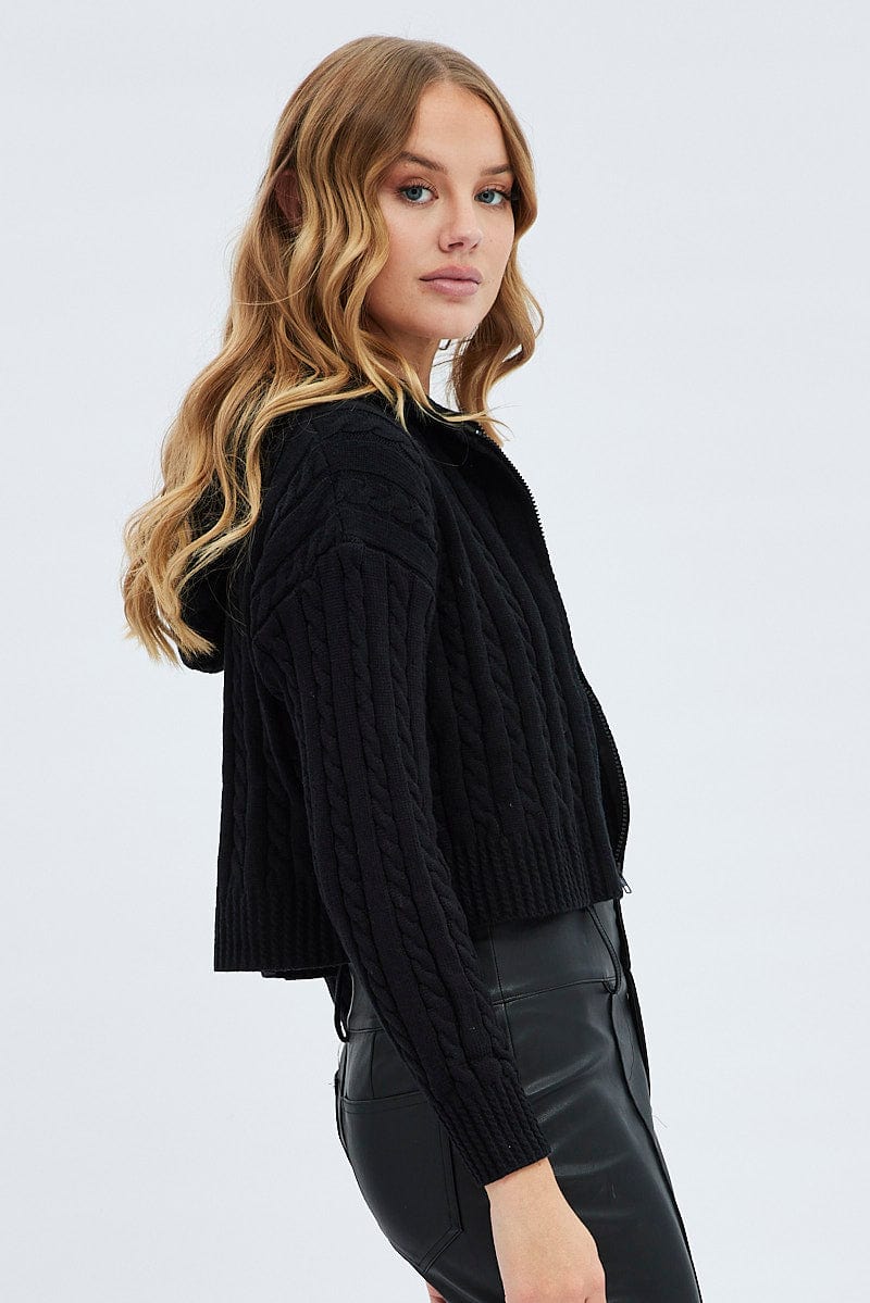 Black Cable Knit Cardigan Hooded for Ally Fashion