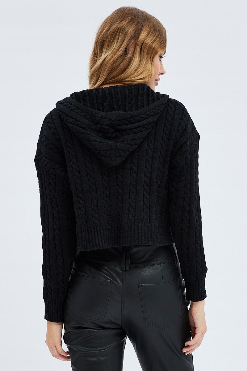 Black Cable Knit Cardigan Hooded for Ally Fashion