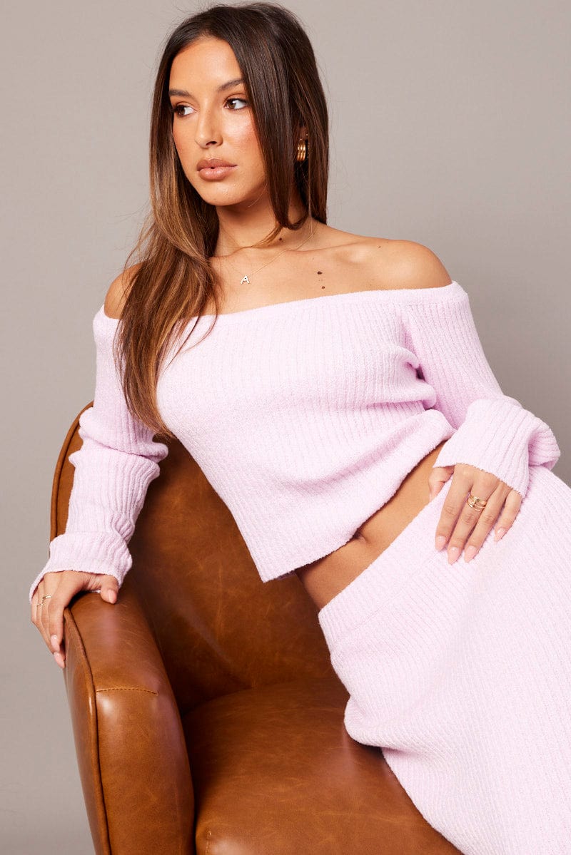 Pink Knit Top Long Sleeve Off Shoulder for Ally Fashion