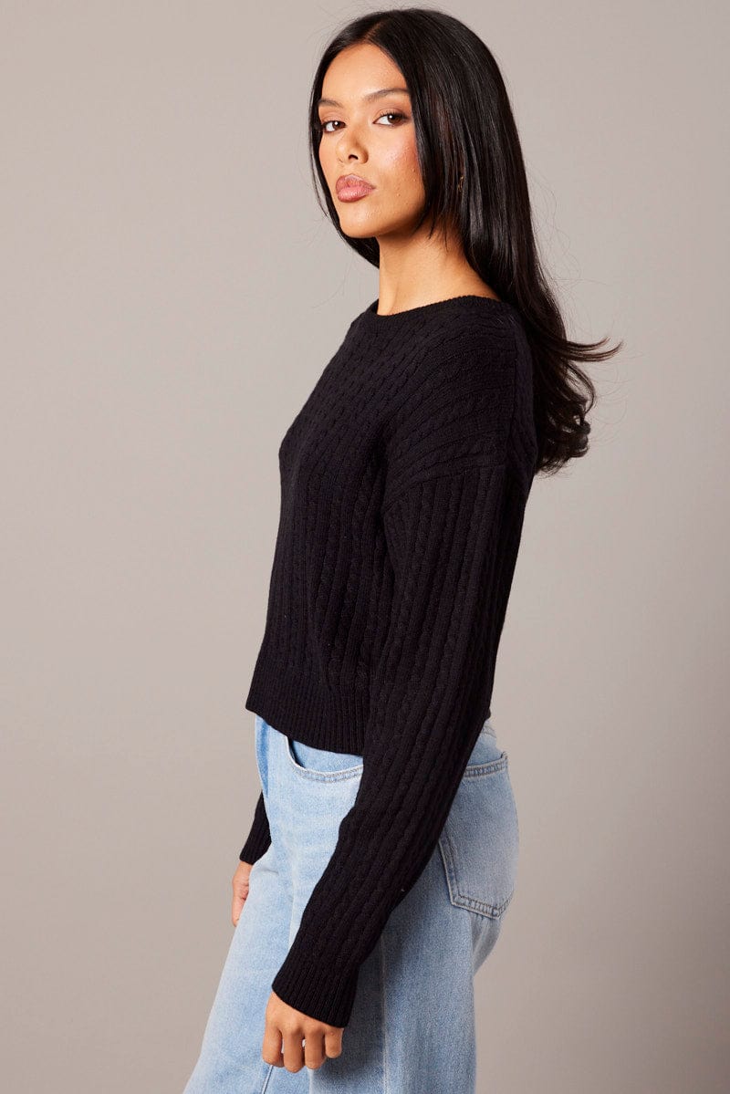 Black Cable Knit Top Long Sleeve for Ally Fashion