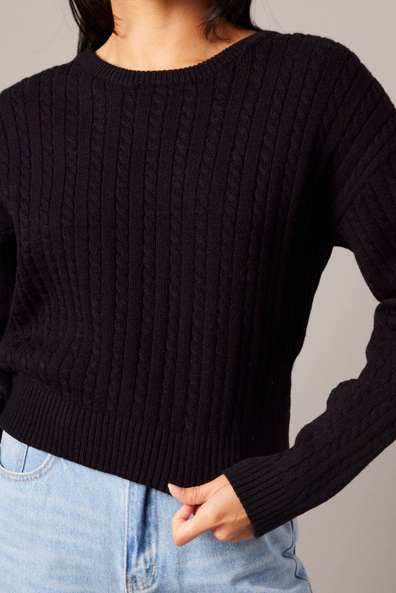 Black Cable Knit Top Long Sleeve for Ally Fashion