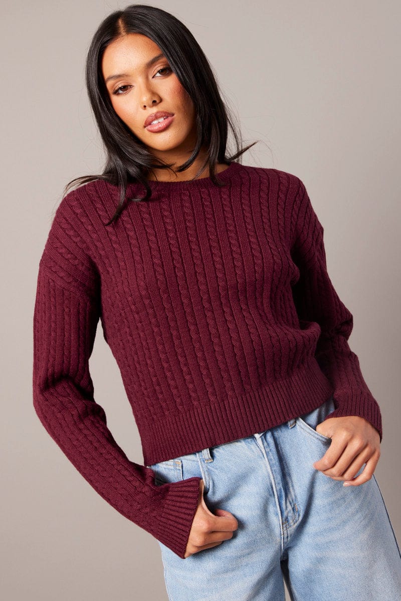 Red Cable Knit Top Long Sleeve for Ally Fashion