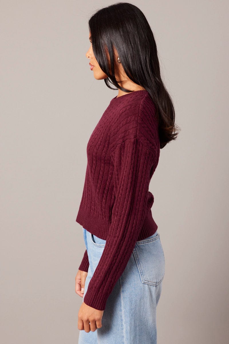 Red Cable Knit Top Long Sleeve for Ally Fashion