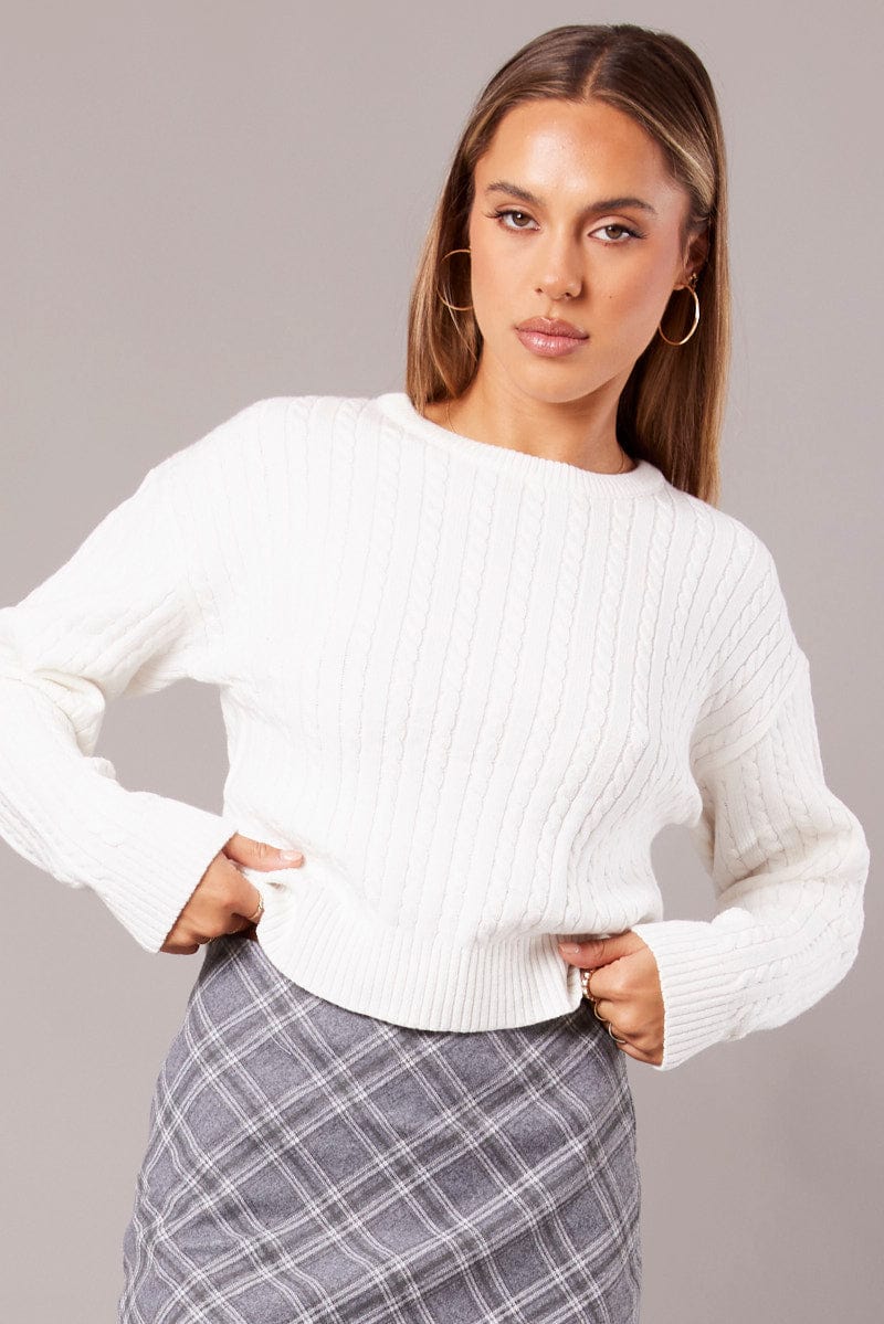 White Cable Knit Top Long Sleeve for Ally Fashion