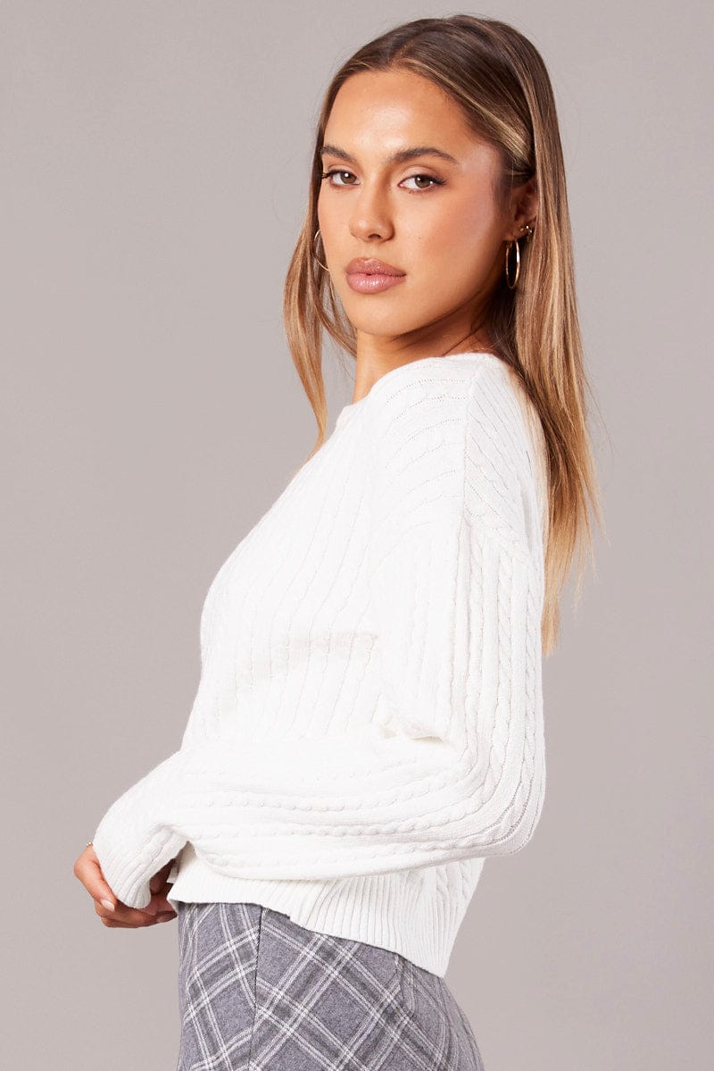White Cable Knit Top Long Sleeve for Ally Fashion