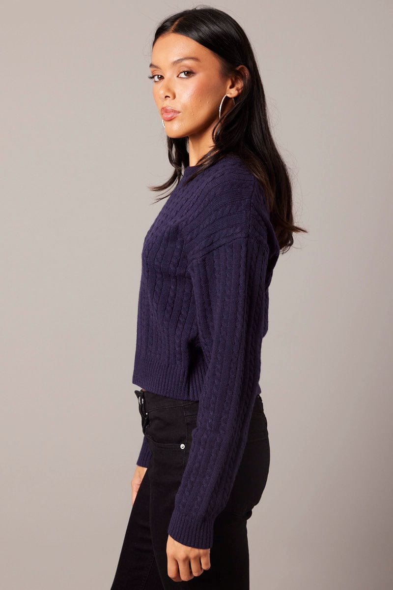 Blue Cable Knit Top Long Sleeve Ally Fashion