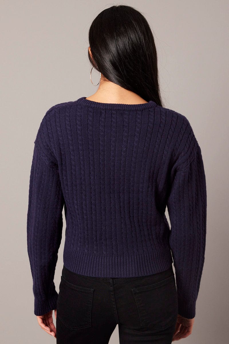 Blue Cable Knit Top Long Sleeve Ally Fashion