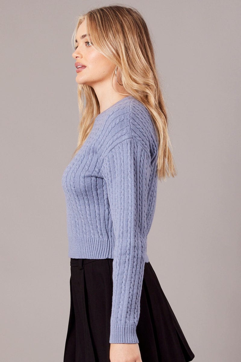Blue Cable Knit Top Long Sleeve for Ally Fashion