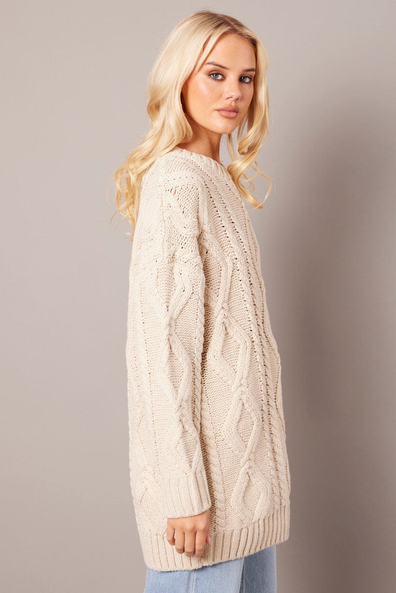 Beige Cable Knit Top Long Sleeve Longline for Ally Fashion