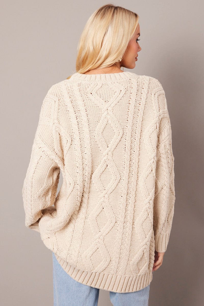 Beige Cable Knit Top Long Sleeve Longline for Ally Fashion