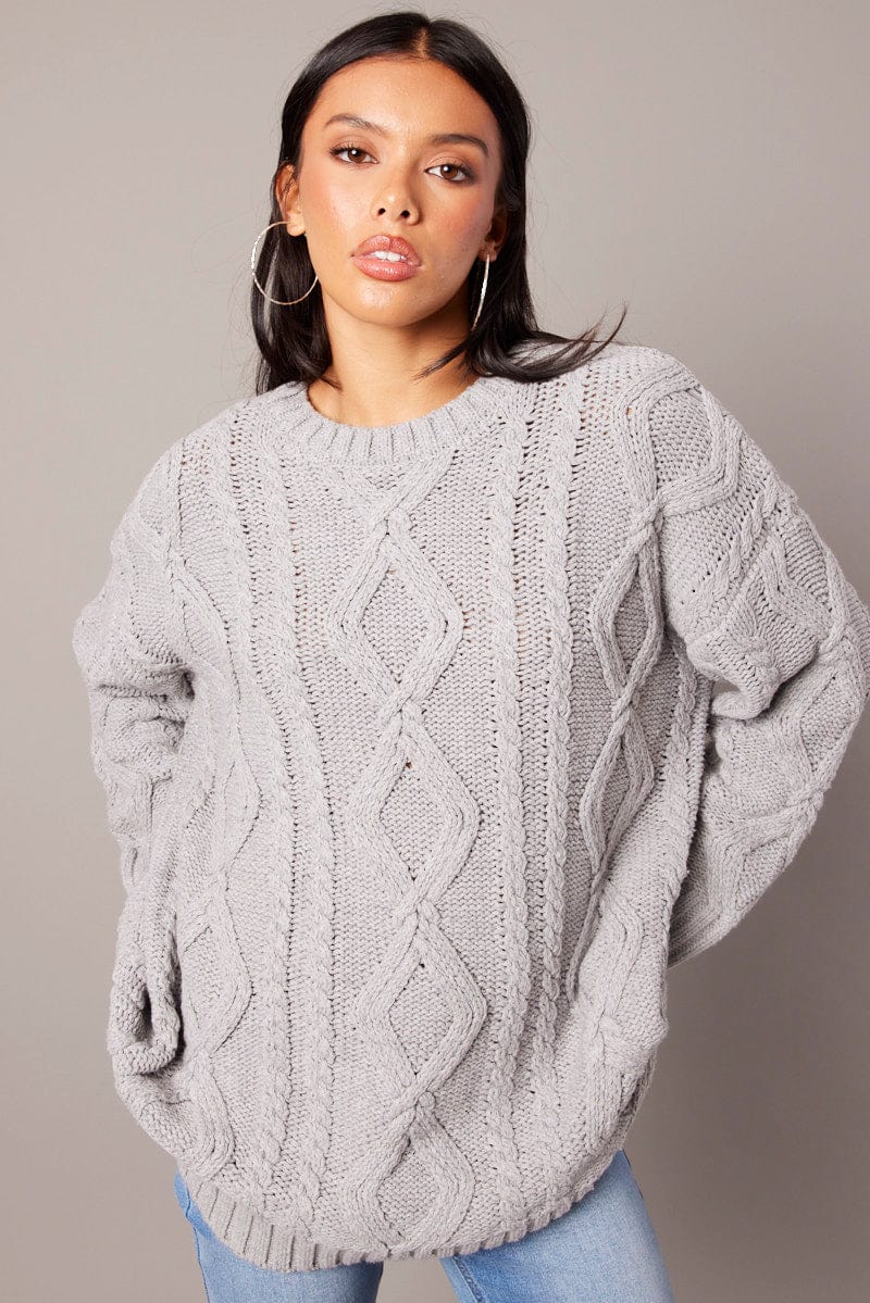 Grey Cable Knit Top Long Sleeve Longline for Ally Fashion