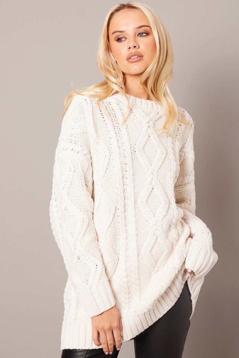 White Cable Knit Top Long Sleeve Longline for Ally Fashion