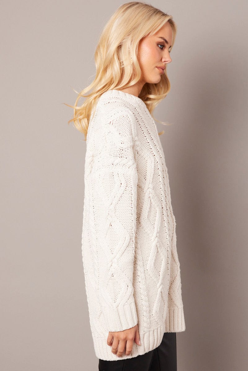 White Cable Knit Top Long Sleeve Longline for Ally Fashion