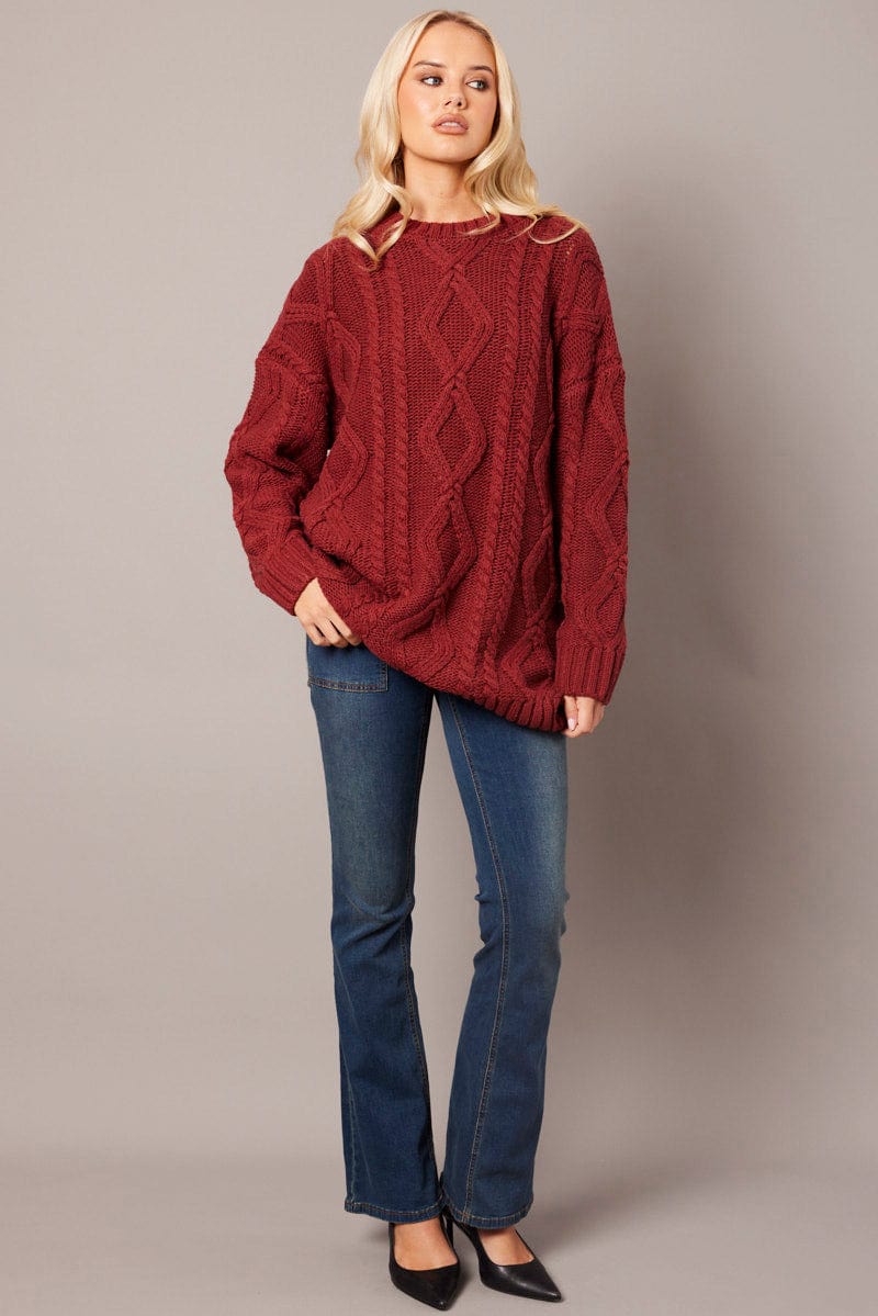 Brown Cable Knit Top Long Sleeve Longline for Ally Fashion