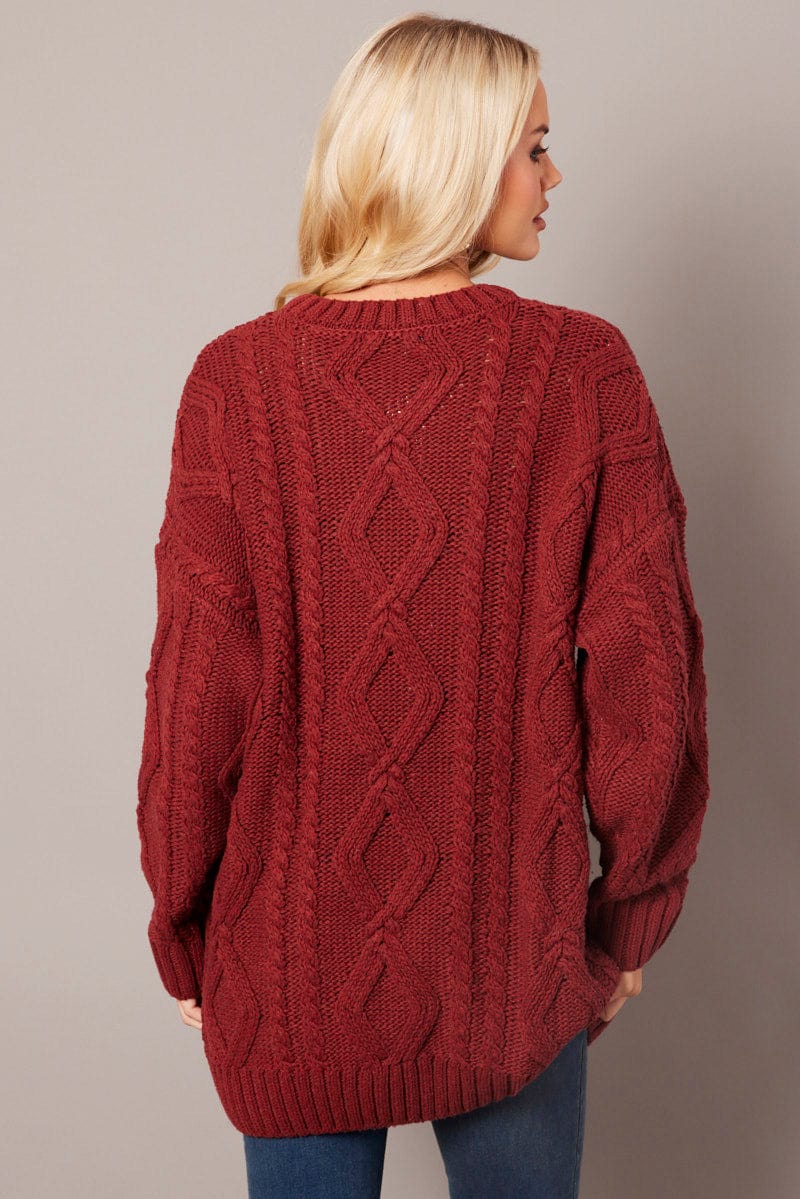 Brown Cable Knit Top Long Sleeve Longline for Ally Fashion