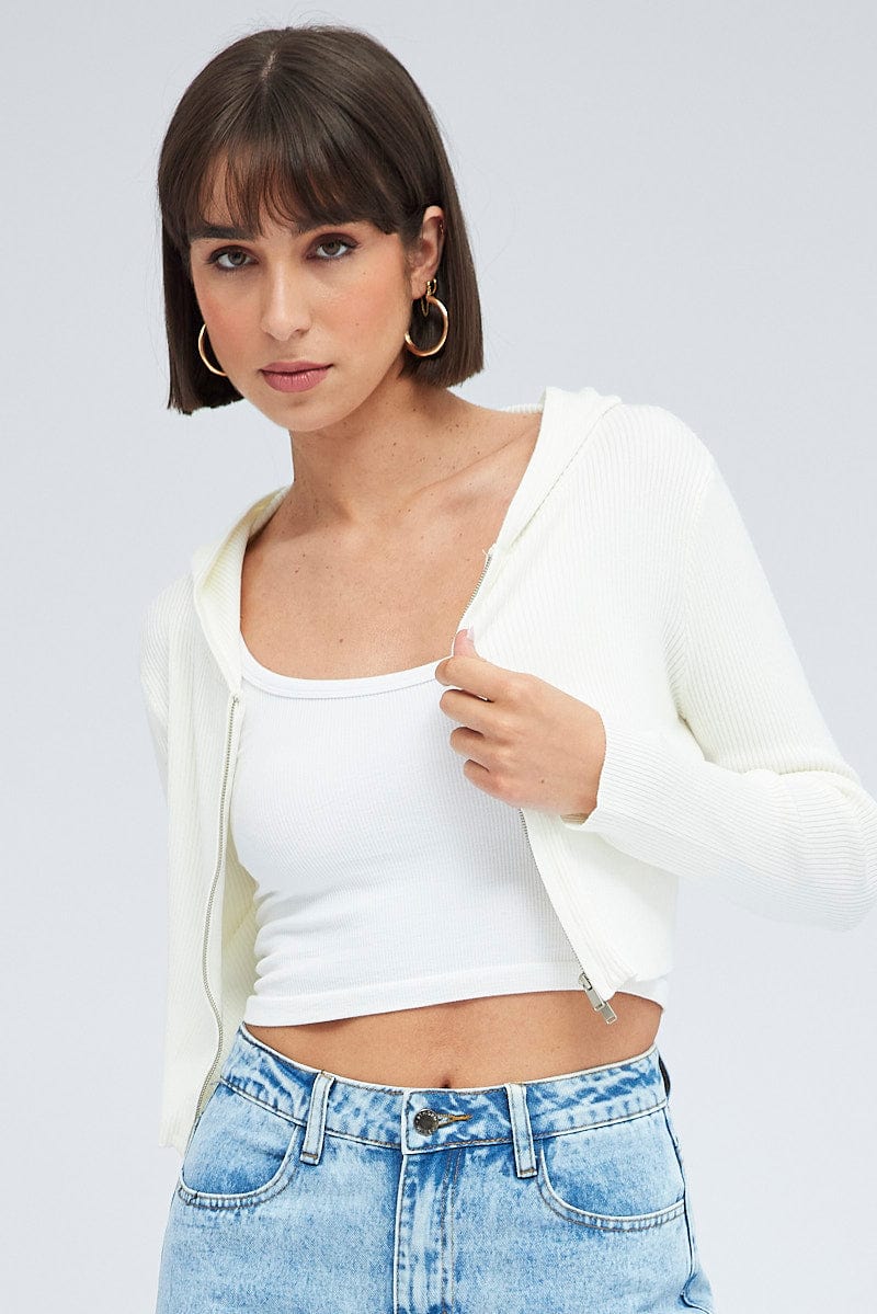 White Knit Zip Up Cardigan Hooded for Ally Fashion