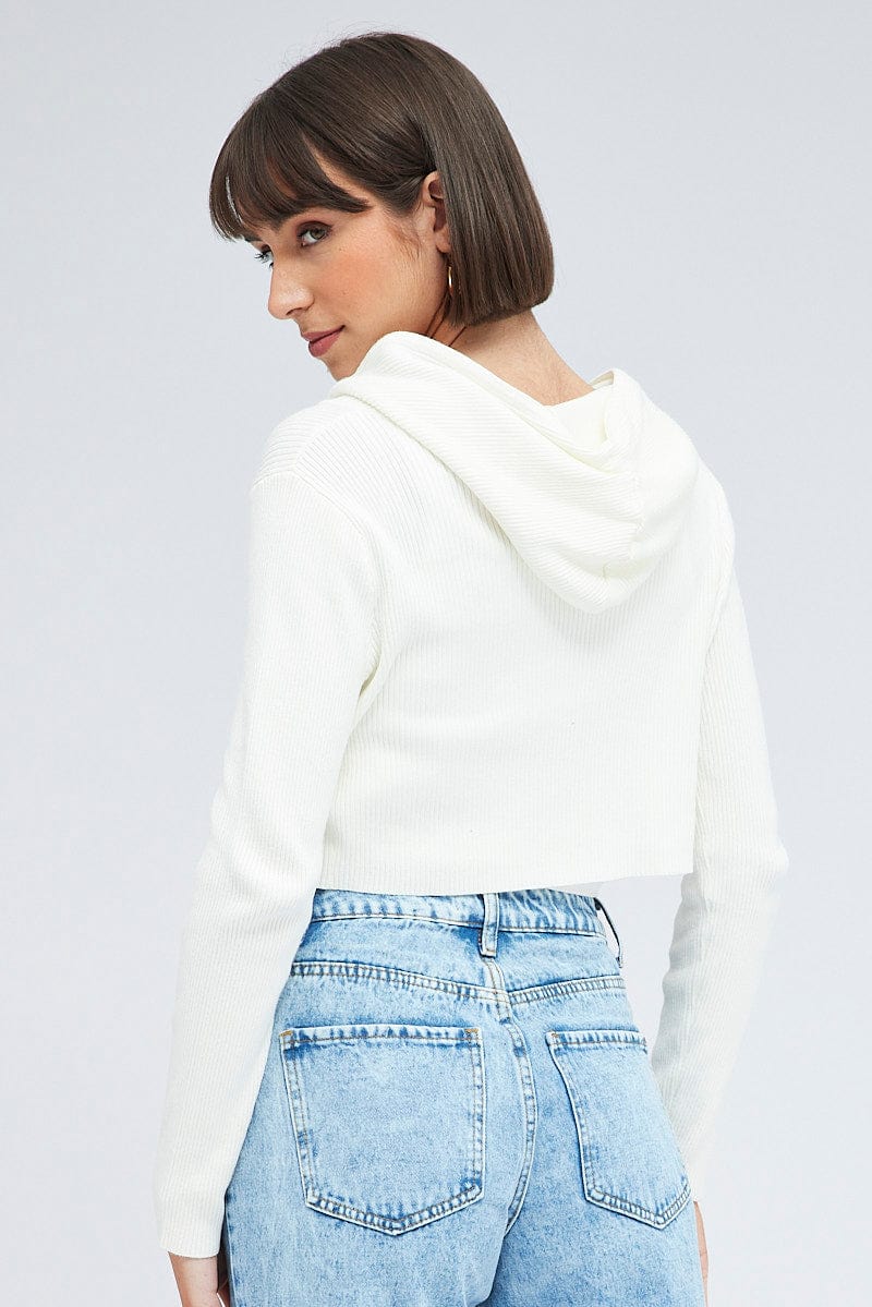 White Knit Zip Up Cardigan Hooded Ally Fashion - Main Image