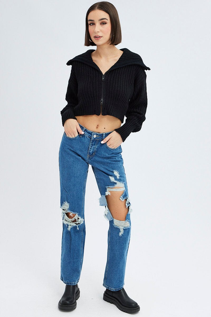 Black Zip up Crop Cardigan for Ally Fashion