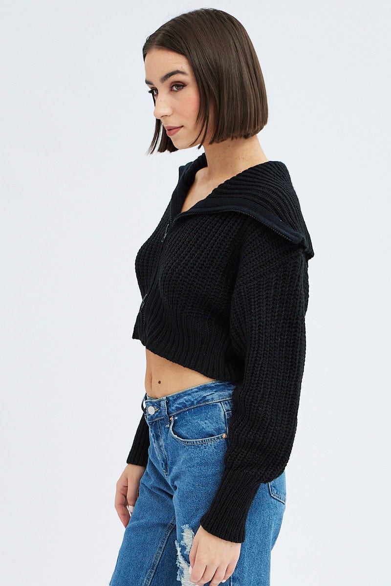 Black Zip up Crop Cardigan for Ally Fashion