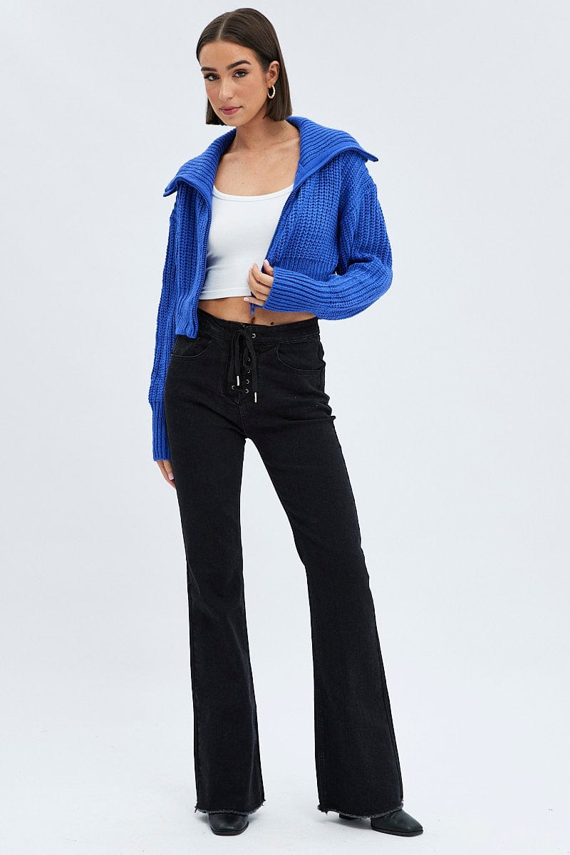 Blue Zip up Crop Cardigan for Ally Fashion